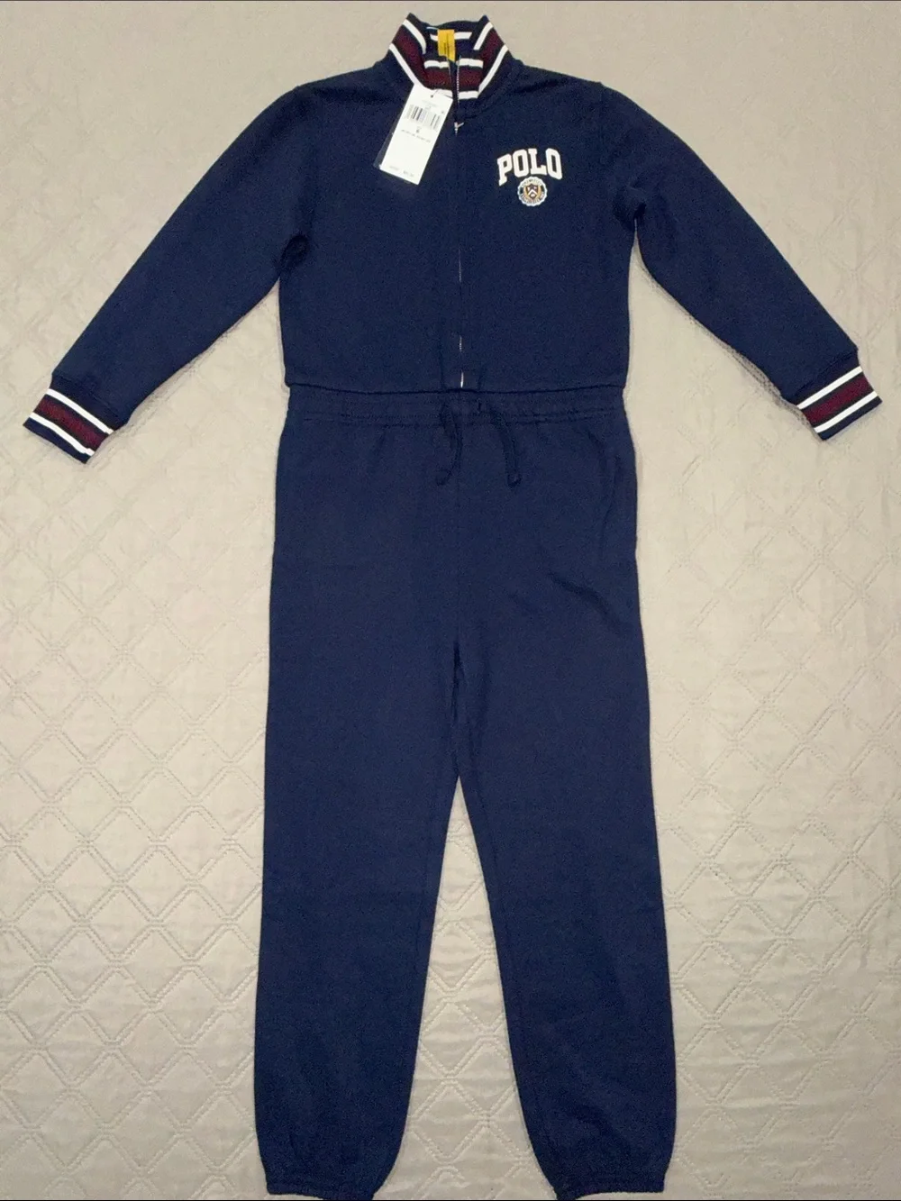Ralph Lauren Navy Girls Long Sleeve Jumpsuit with Stripe Trim